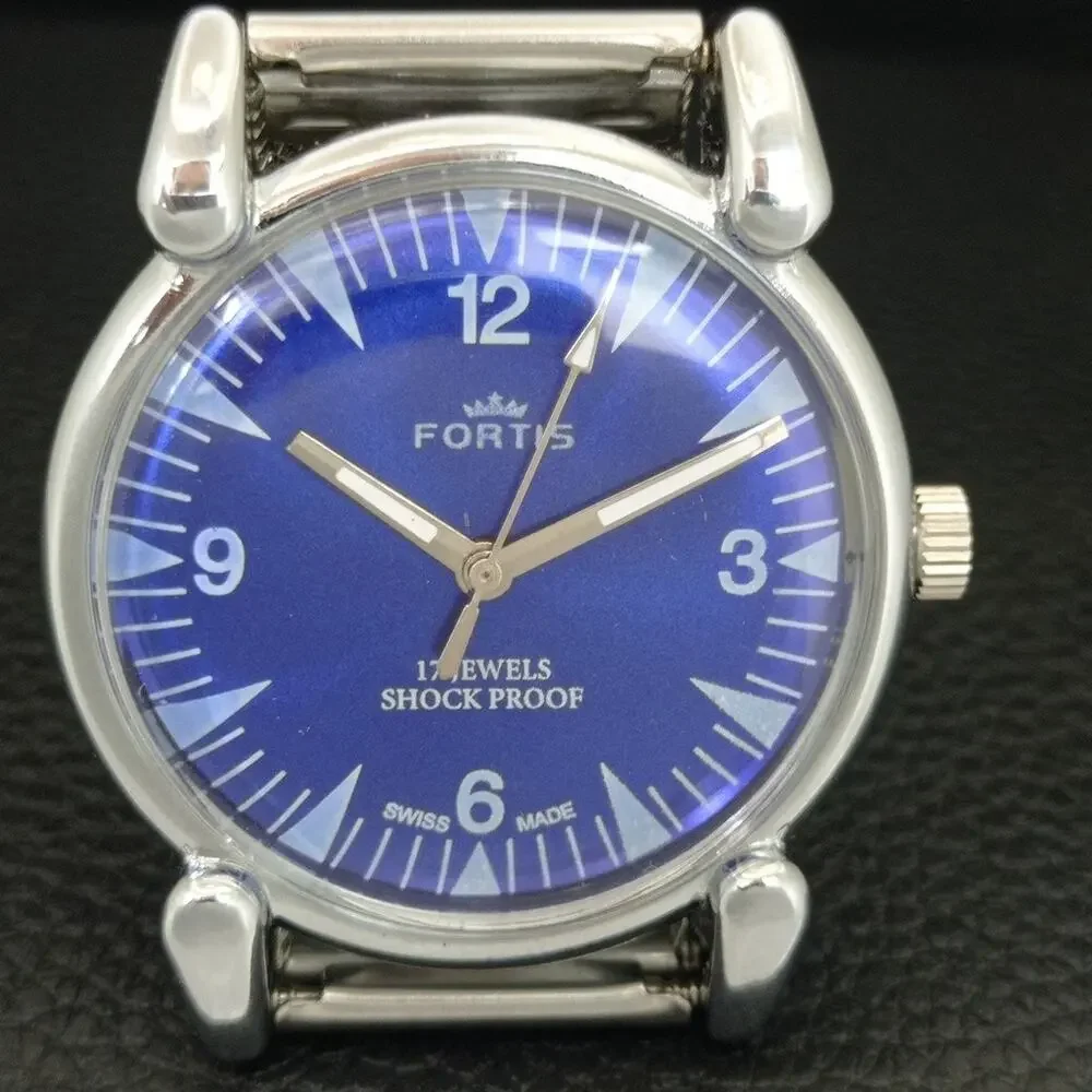 Vintage 1976 Fortis Manual Mens Silver Watch W/Steel Strap & Blue accents